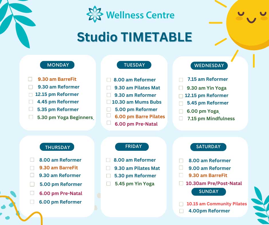 Wellness centre Stdio Class timetable yoga barre pilates reformer meditation
