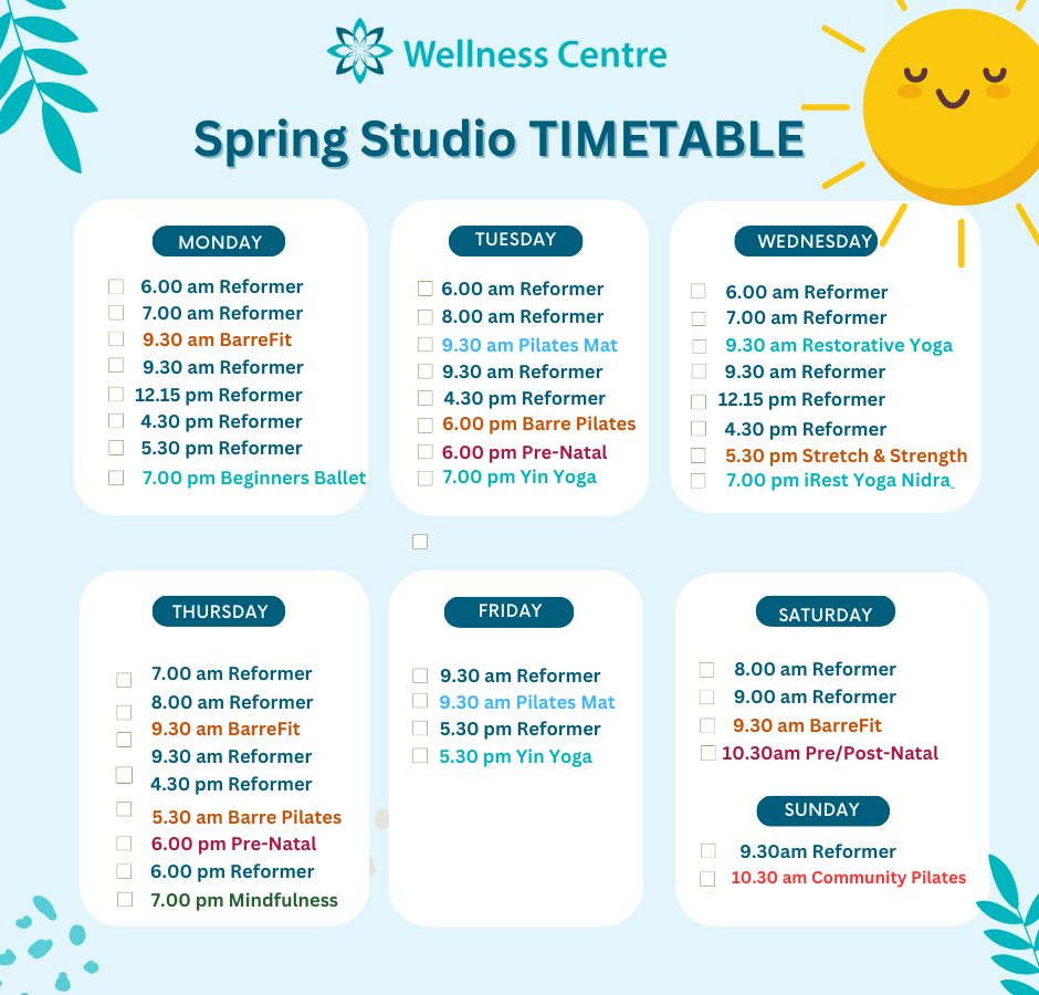 Timetable Wollongong Pi;lates reformer Yoga Barre Ballet Nidra Mindfulness